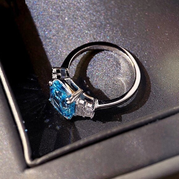 925 Silver Plated Iced Out CZ Blue Crystal Wedding Ring, MARR9449 - Picture 7 of 7